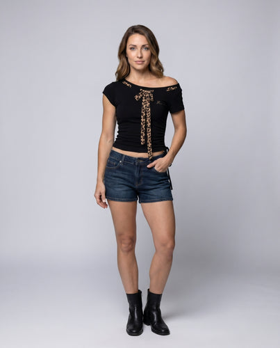 Damen nan schulterfreies kurzgeschnittenes Top mit Leoparden-Schleifenband, seitlicher Raffung und Kordelzug EB
