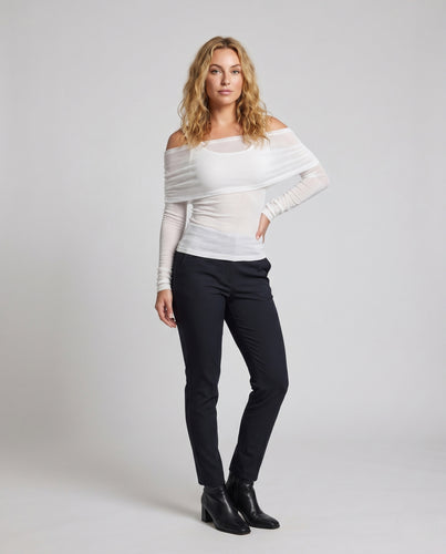 Damen nan schulterfreies langärmeliges Mesh-Top mit doppeltem Trägerdetail und tailliertem Stretchfeinstrick EB