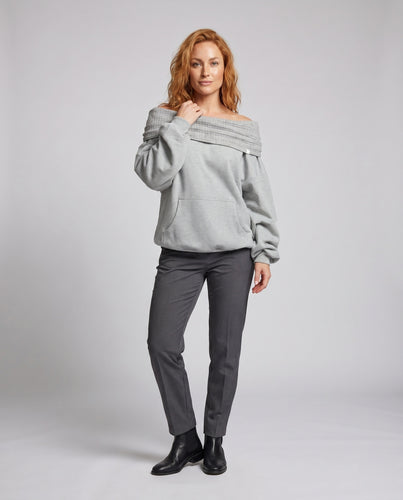 Damen nan schulterfreies Oversize-Sweatshirt mit breitem Rippkragen und Kängurutasche EB