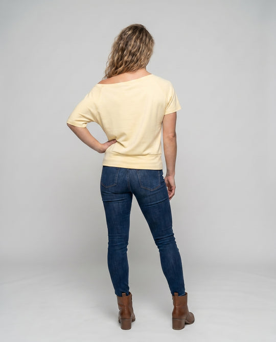 Damen nan schulterfreies Relax-Oberteil mit weitem U-Boot-Ausschnitt, Kurzarm und doppellagigem Saum EB