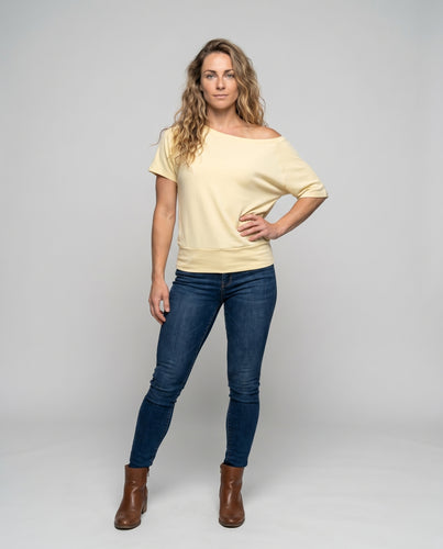 Damen nan schulterfreies Relax-Oberteil mit weitem U-Boot-Ausschnitt, Kurzarm und doppellagigem Saum EB