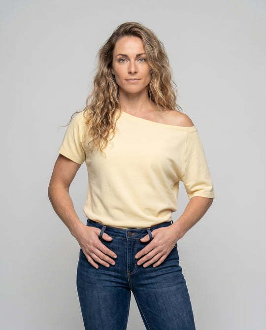 Damen nan schulterfreies Relax-Oberteil mit weitem U-Boot-Ausschnitt, Kurzarm und doppellagigem Saum EB