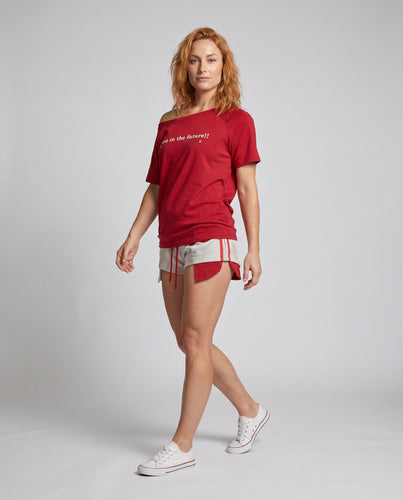 Damen nan schulterfreies Relax-T-Shirt mit Statement-Print, Raglanärmeln und gerundetem Saum EB