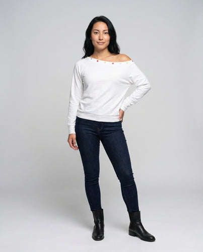 Damen nan schulterfreies Sweatshirt mit dekorativer Knopfleiste und weichem Baumwollmix EB
