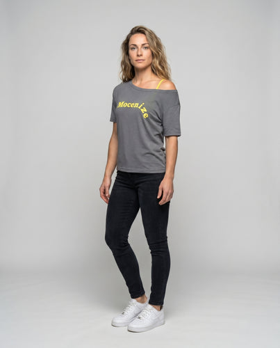 Damen nan schulterfreies T-Shirt im asymmetrischen Ein-Schulter-Look mit weichem Slub-Jersey und kontrastierendem Logoprint EB