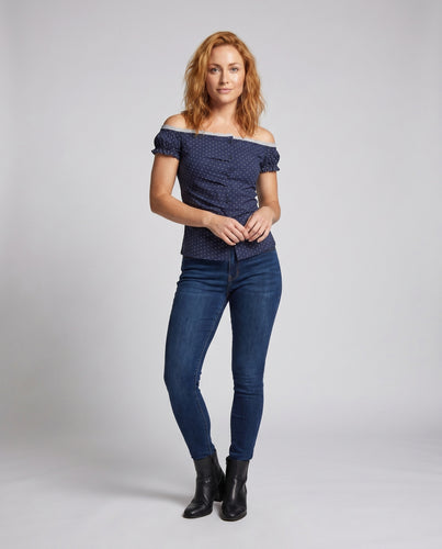 Damen nan schulterfreies Vichy-Blusentop mit geraffter Taille, Frontschlitz und Spitzenkante EB
