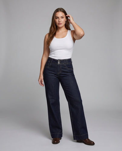 Damen nan taillenhohe Denim-Baggyjeans mit breitem Bund und weiter Beinlinie EB