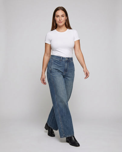 Damen nan taillenhohe Jeans mit ausgestelltem Bein und sichtbaren Naht-Panels EB