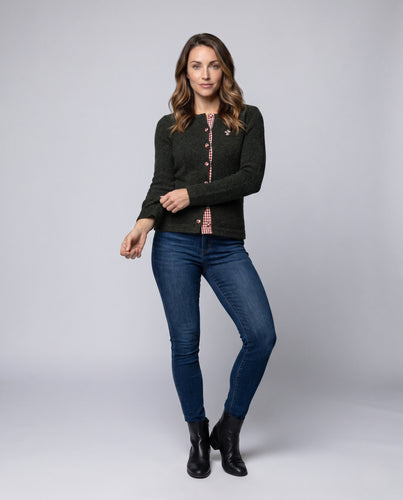 Damen nan taillierter Bouclé-Cardigan mit dekorativen Kristallknöpfen und Vichy-Untertritt EB