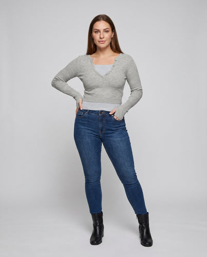 Damen nan taillierter gerippter Feinstrick-Cardigan mit asymmetrischer Knopfleiste, integriertem Bustier-Layer und Daumenlochärmeln EB