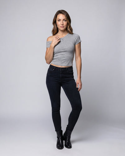 Damen nan tailliertes asymmetrisches Ein-Schulter-Kurzshirt mit kurzem Ärmel und formender Rippstruktur EB