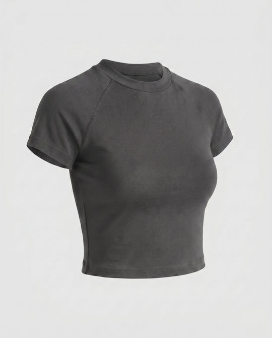 Damen nan tailliertes bauchfreies Kurzshirt aus Baumwolljersey mit Rundhalsausschnitt EB