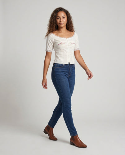 Damen nan tailliertes Bustier-Blusentop mit bestickter Brustpasse und Spitzenbordüre EB