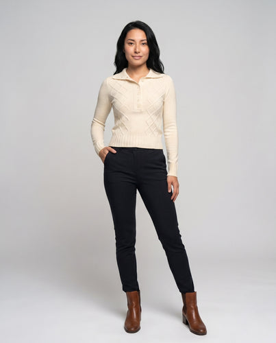 Damen nan tailliertes Feinstrick-Polo mit Henley-Knopfleiste, Rautenstruktur und formendem Rippenbund EB