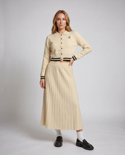 Damen nan tailliertes Feinstrick-Twinset mit Polokragen-Cardigan und Rippenmidirock EB