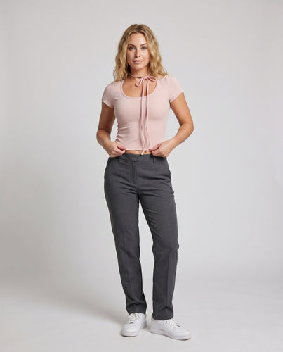 Damen nan tailliertes Kurzarm-Top mit Halsband-Schleife und feiner Rippstruktur EB