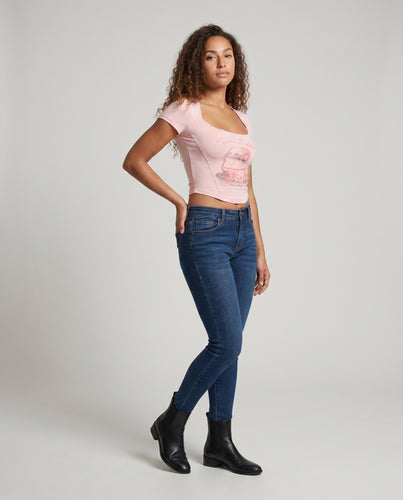 Damen nan tailliertes kurzes T-Shirt mit nostalgischem Häschen-Print und formgebender Mittelnaht EB