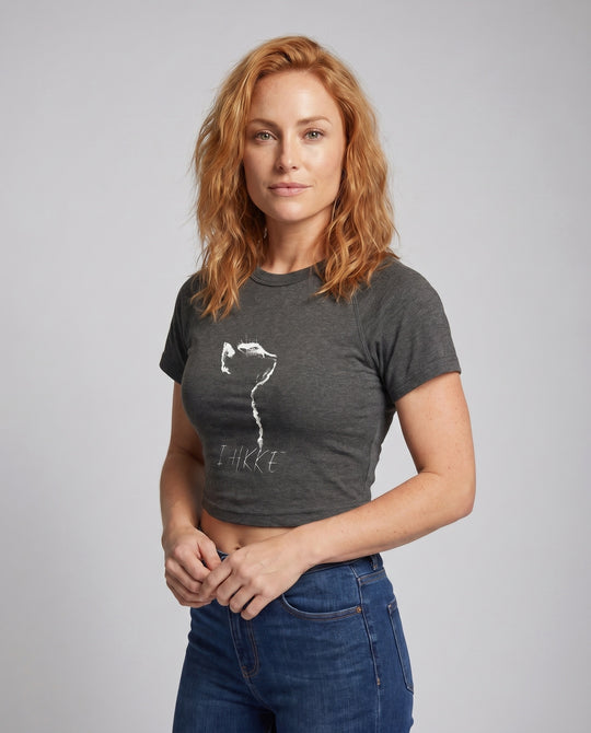 Damen nan tailliertes Kurzshirt mit stretchigem Jersey, Rundhalsausschnitt und minimalistischer Katzen-Skizze EB