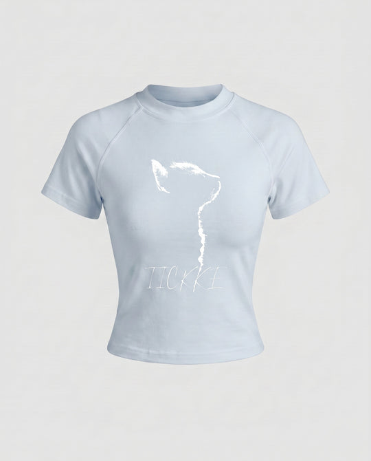 Damen nan tailliertes Kurzshirt mit stretchigem Jersey, Rundhalsausschnitt und minimalistischer Katzen-Skizze EB