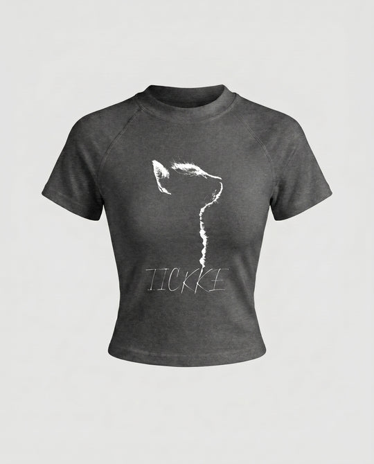 Damen nan tailliertes Kurzshirt mit stretchigem Jersey, Rundhalsausschnitt und minimalistischer Katzen-Skizze EB