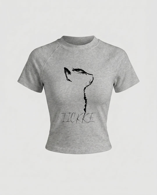 Damen nan tailliertes Kurzshirt mit stretchigem Jersey, Rundhalsausschnitt und minimalistischer Katzen-Skizze EB