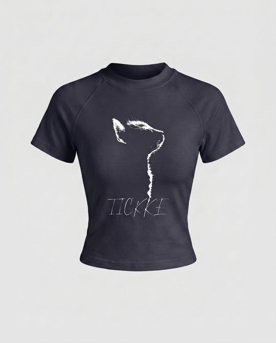 Damen nan tailliertes Kurzshirt mit stretchigem Jersey, Rundhalsausschnitt und minimalistischer Katzen-Skizze EB