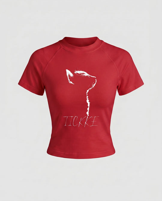 Damen nan tailliertes Kurzshirt mit stretchigem Jersey, Rundhalsausschnitt und minimalistischer Katzen-Skizze EB