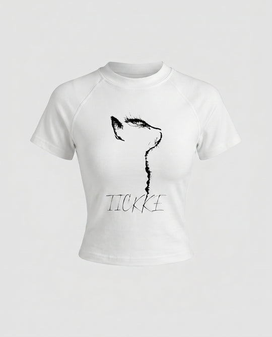 Damen nan tailliertes Kurzshirt mit stretchigem Jersey, Rundhalsausschnitt und minimalistischer Katzen-Skizze EB