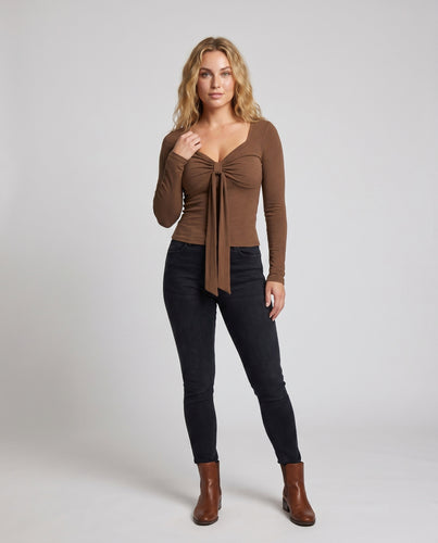 Damen nan tailliertes Langarmshirt mit dekorativer Knotenschleife und herzförmigem Ausschnitt EB