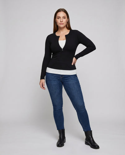 Damen nan tailliertes Langarmshirt mit kurzem Frontzip und integriertem Bustier-Lagenlook EB