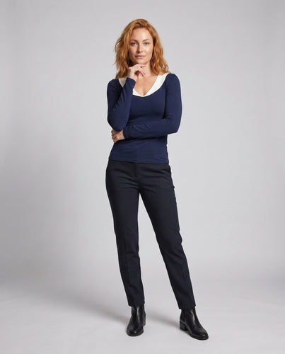 Damen nan tailliertes Langarmshirt mit weitem Matrosenkragen aus feinem Stretchjersey EB
