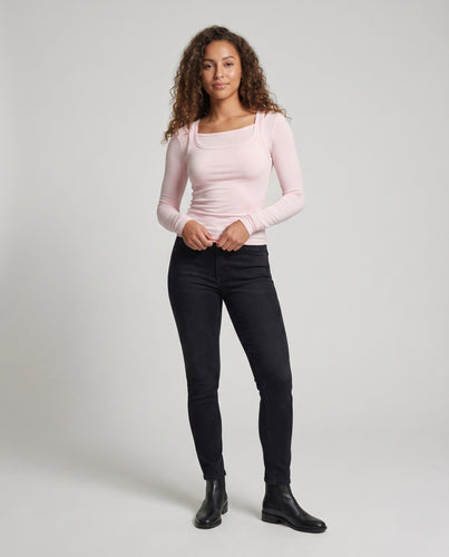 Damen nan tailliertes Langarmtop mit doppeltem eckigem Ausschnitt und feinem Stretchjersey EB