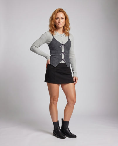 Damen nan tailliertes Strick-Korsett-Top mit Cut-Outs Zierschleifen und Lagenlook EB