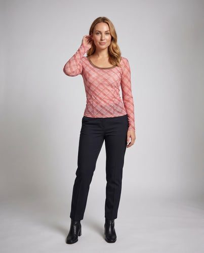 Damen nan tailliertes transparentes Langarmshirt mit Karomuster und U-Boot-Ausschnitt EB