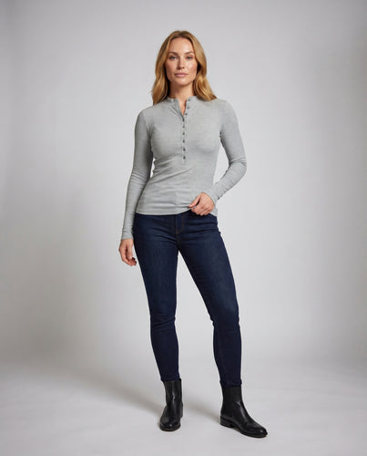 Damen nan thermisches Rippen-Henley-Oberteil mit Stehkragen und formender Passform EB