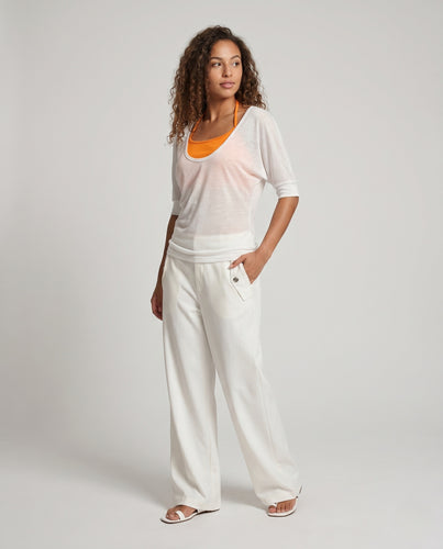 Damen nan transparenter Oversize-Voilepullover mit weitem U-Boot-Ausschnitt und halblangen Ärmeln EB