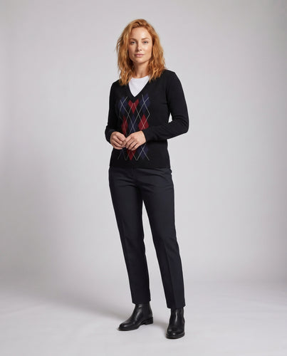 Damen nan V-Ausschnitt-Pullover im Preppy-Stil mit Argyle-Intarsie und feinem Strick EB