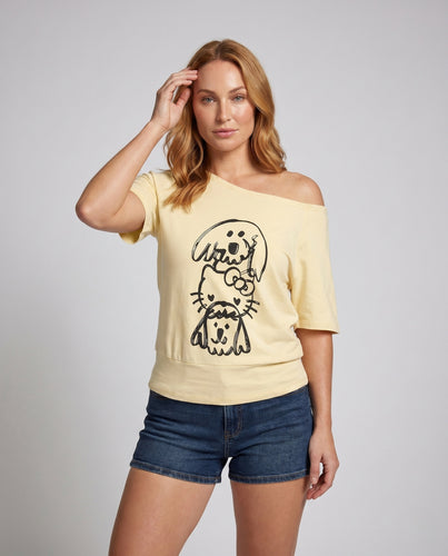 Damen nan verspieltes Off-Shoulder-Shirt mit asymmetrischem Ausschnitt, Oversize-Passform und handgezeichnetem Grafikprint EB