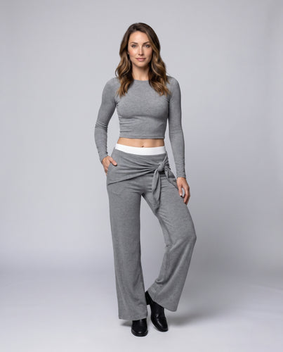Damen nan weiche Strick-Loungehose mit Wickeloptik und Knotenbindegürtel EB