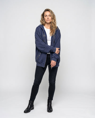 Damen nan weit geschnittene Kapuzen-Sweatjacke mit Nietenstern-Applikation und Kängurutaschen EB