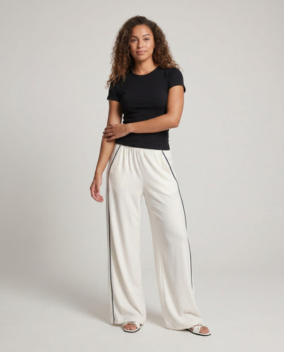 Damen nan weite Fließhose mit kontrastierender Seitenpaspel und elastischem Bund EB