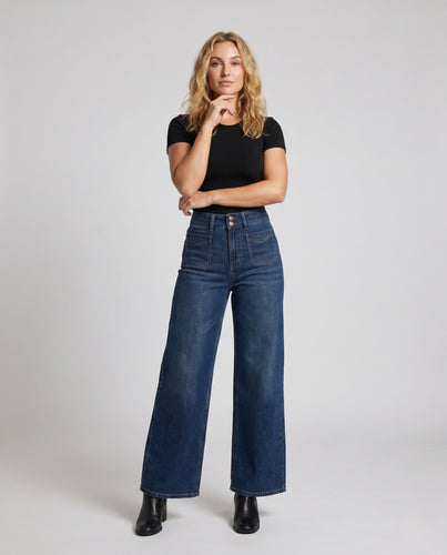 Damen nan weite Palazzo-Jeans aus schwerem Jeansstoff mit doppelter Knopfblende und aufgesetzten Vordertaschen EB