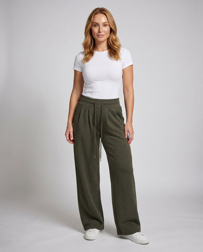 Damen nan weite Sweat-Palazzohose mit hohem Komfortbund, Kellerfalten und Kordelzug EB