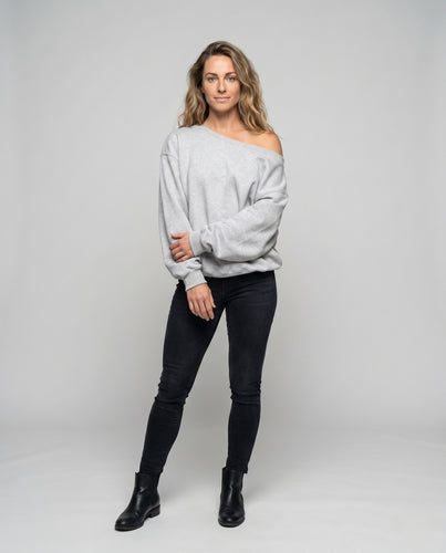 Damen nan weites Off-Shoulder Sweatshirt mit tiefem Ausschnitt, geripptem Saum und legerer Loungewear-Passform EB