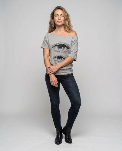 Damen nan weites Oversize-Shirt mit asymmetrischem Ausschnitt und Pixel-Augenprint EB