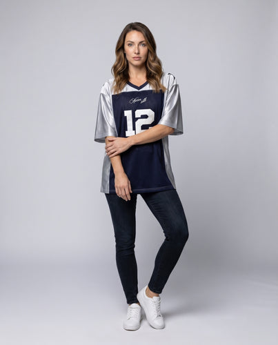 Damen nan weites Sportjersey im Football-Stil mit Mesh-Front und glänzenden Ärmeln EB