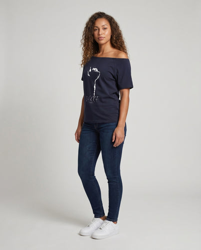 Damen nan weites T-Shirt mit schulterfreiem Schnitt und künstlerischem Frontprint EB