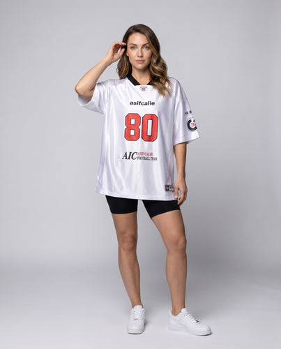 Damen nan weitgeschnittenes Footballtrikot mit V-Ausschnitt, Logoprints und sportlichem Schnitt EB