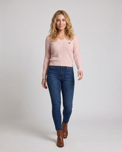 Damen nan Zopfmuster-Pullover mit V-Ausschnitt und feiner Logo-Stickerei EB