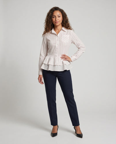 Damen nan zweilagige Peplum-Hemdbluse mit Hemdkragen, Brusttasche und feiner Streifenstruktur EB